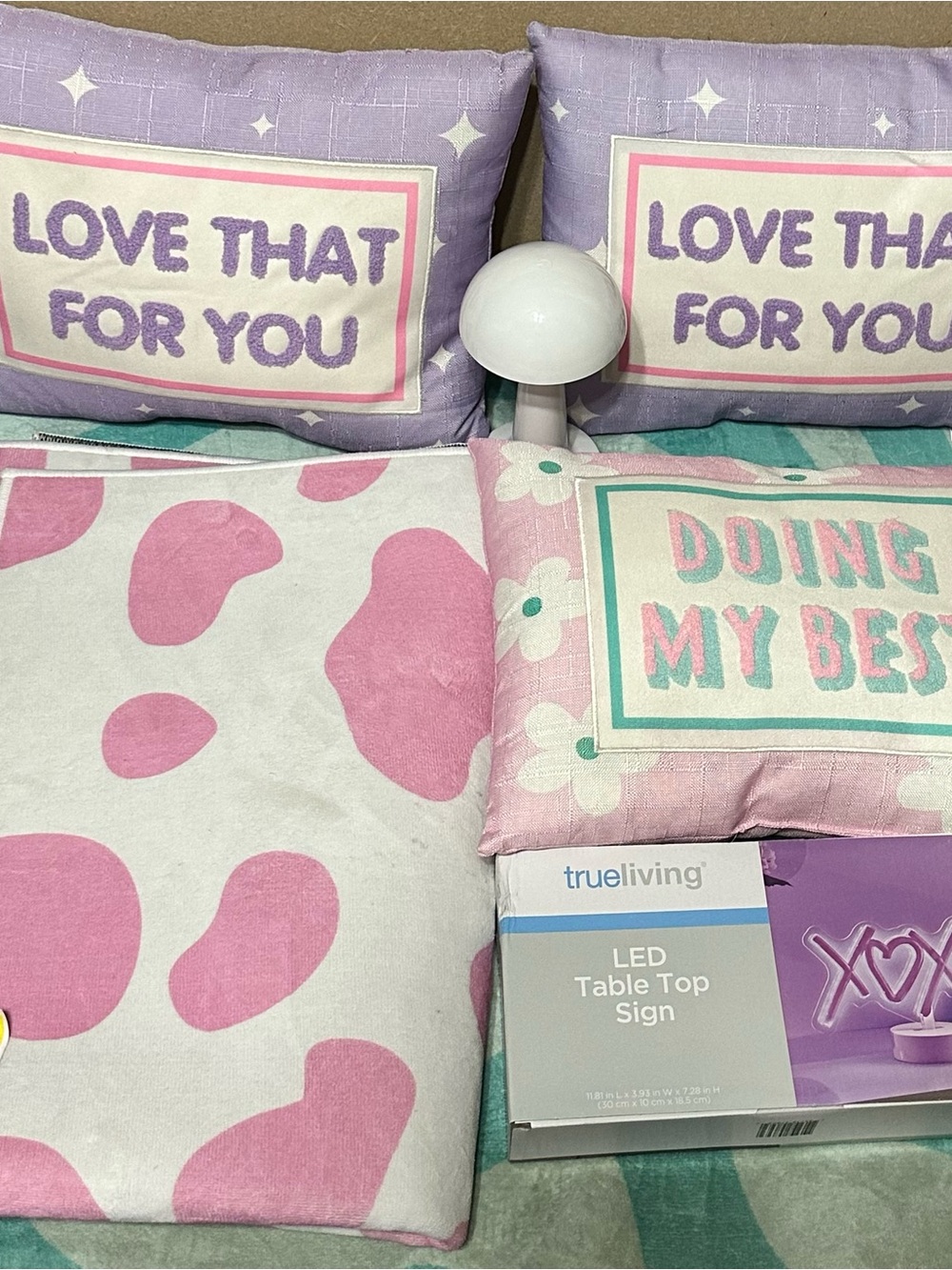 Girls Room Decor:   3 Pillows, 1 Rug, 1 LED Table Top xoxoxo Sign, 1 Small Lamp.